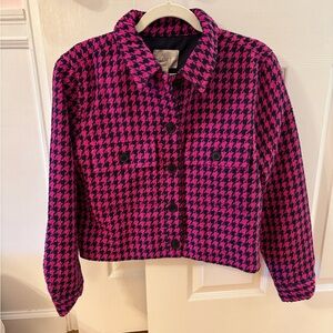 LOFT Hot Pink and Navy Blue Houndstooth Cropped Jacket